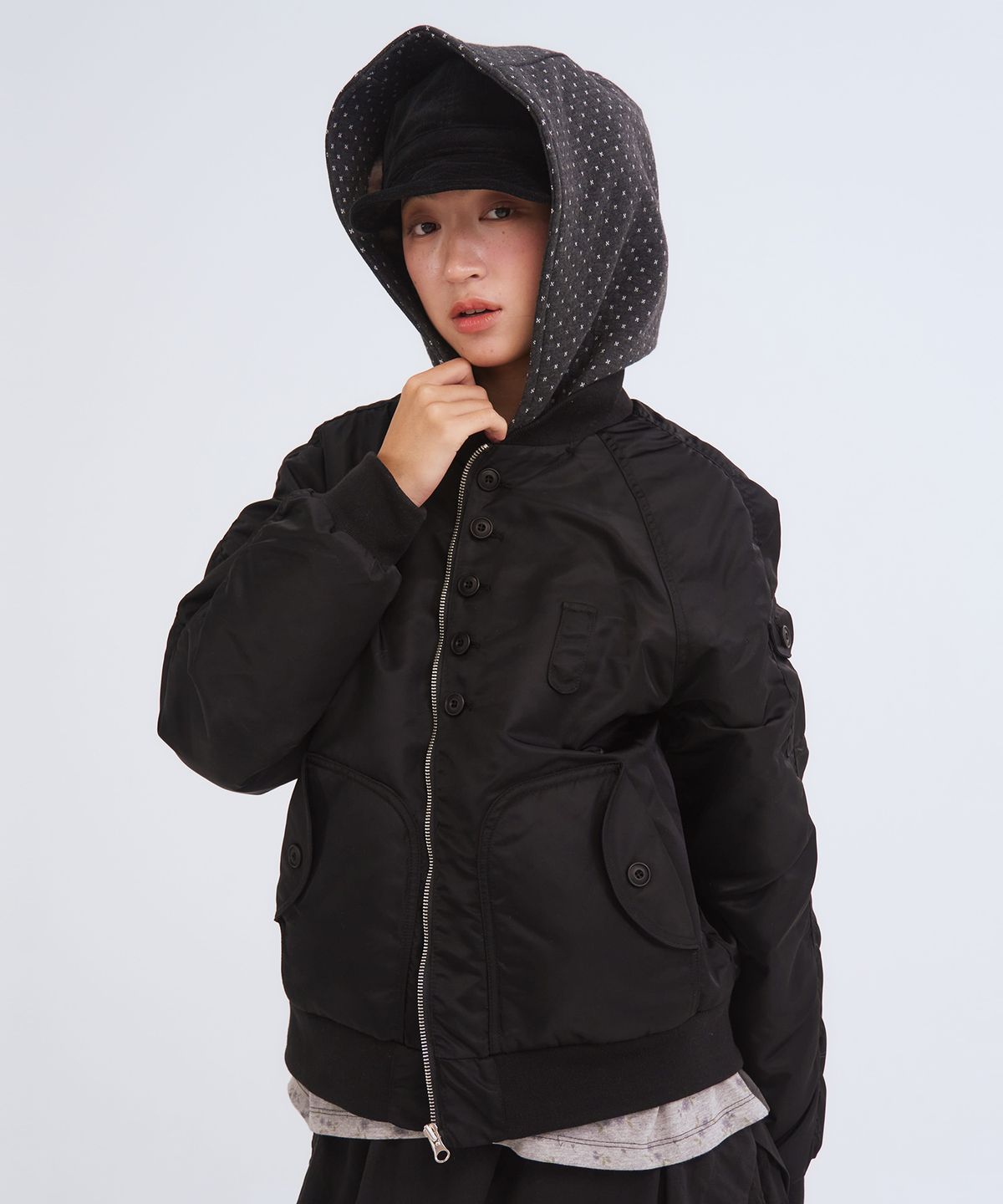 오피쉬(OAFISH) Button Hooded Bomber Jacket, Black