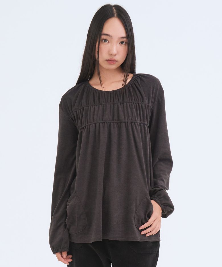 Shirring Pocket Longsleeve, Charcoal