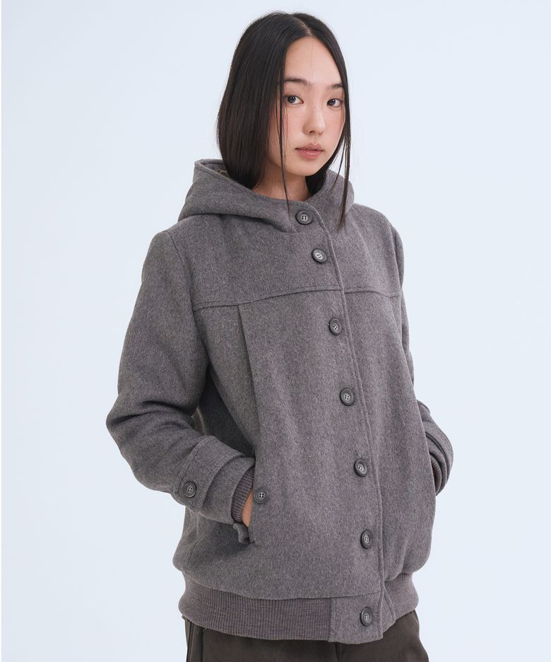 Pintuck Fur Hoodie Coat, Charcoal