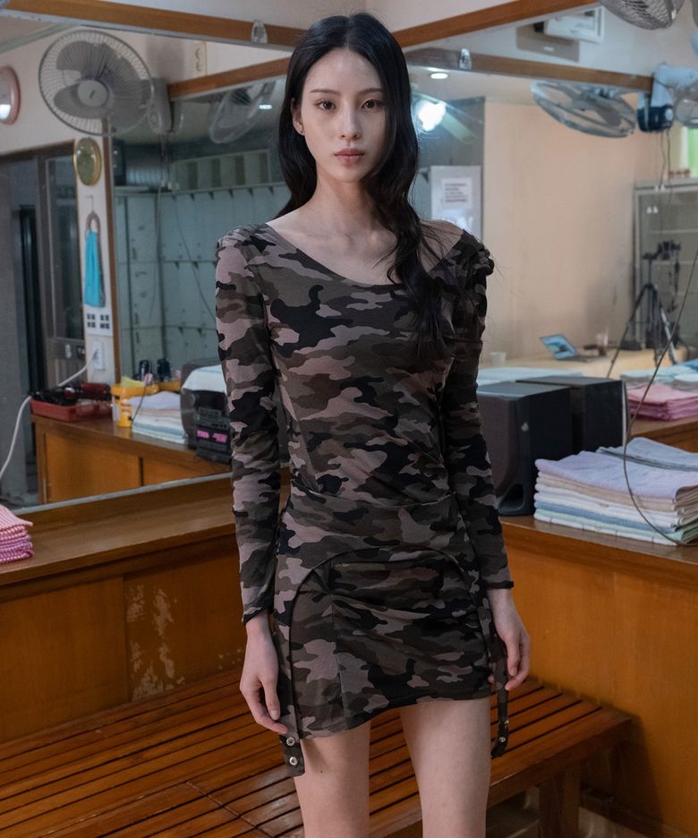 Tucked Shoulder Ruched Dress - Camo