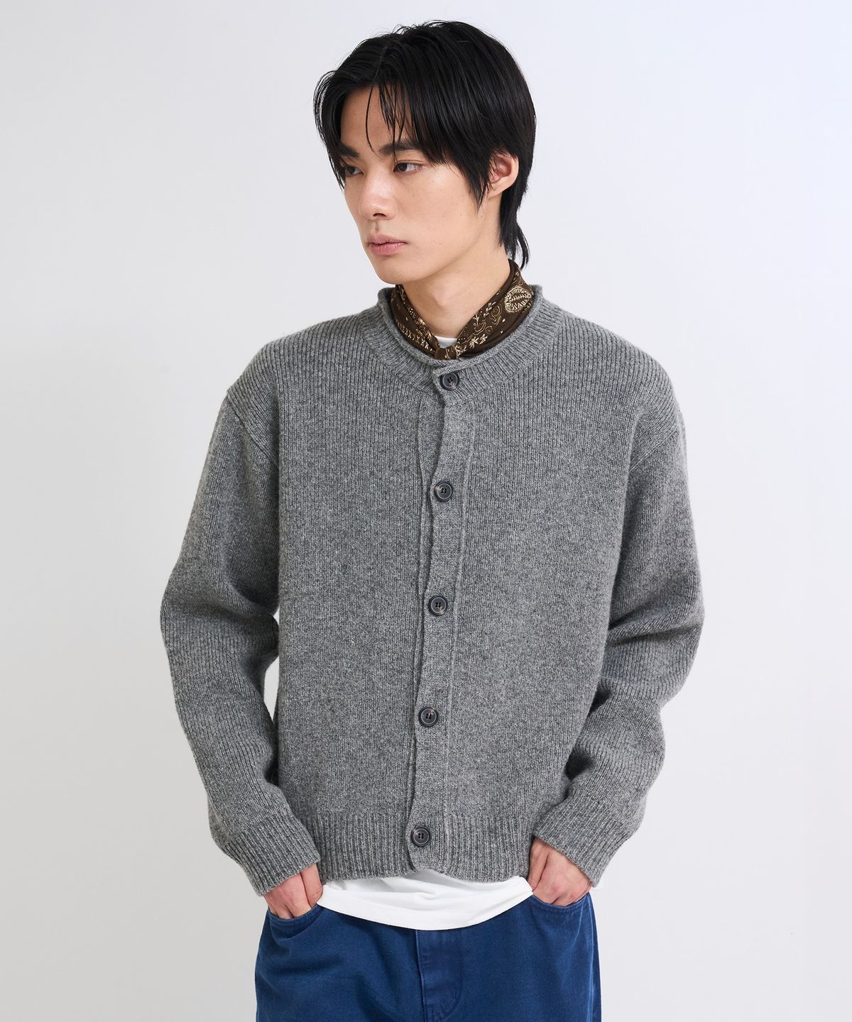 더씽인데어데어(THE THING IN THEIR THERE) Rolled-Edge Shetland Cardigan Melange