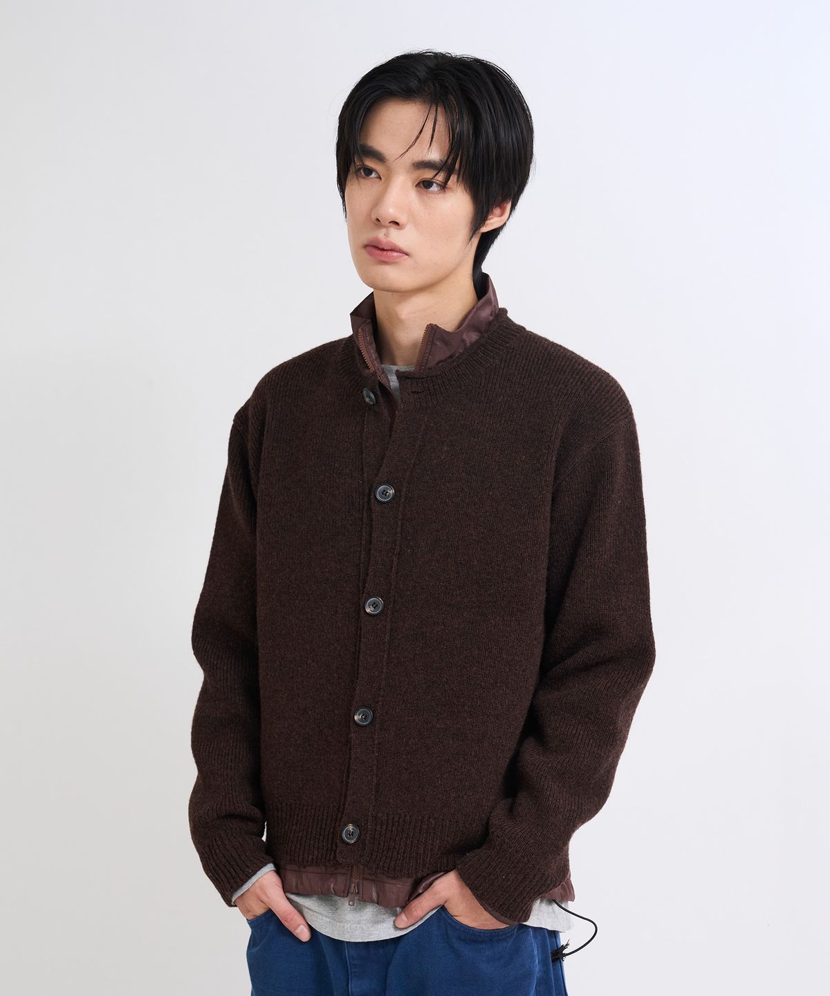 더씽인데어데어(THE THING IN THEIR THERE) Rolled-Edge Shetland Cardigan Brown