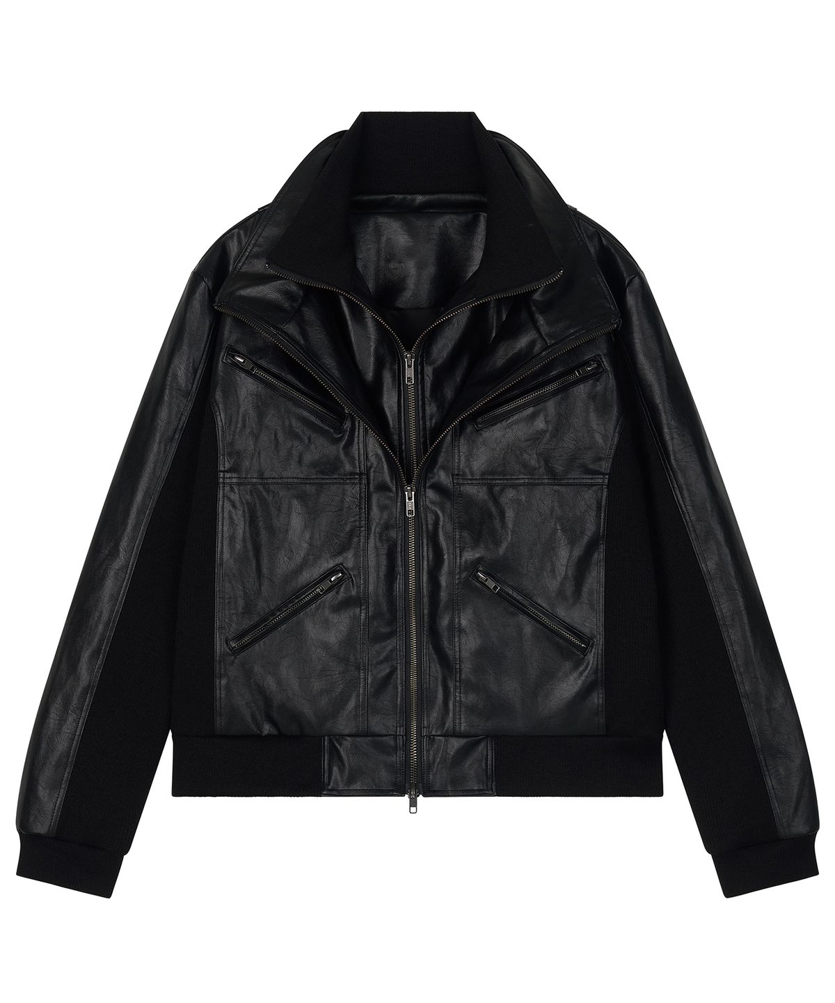 하프앤하프(HALF AND HALF) LAYERED 4-ZIPPER LEATHER HIGH-NECK ZIP-UP