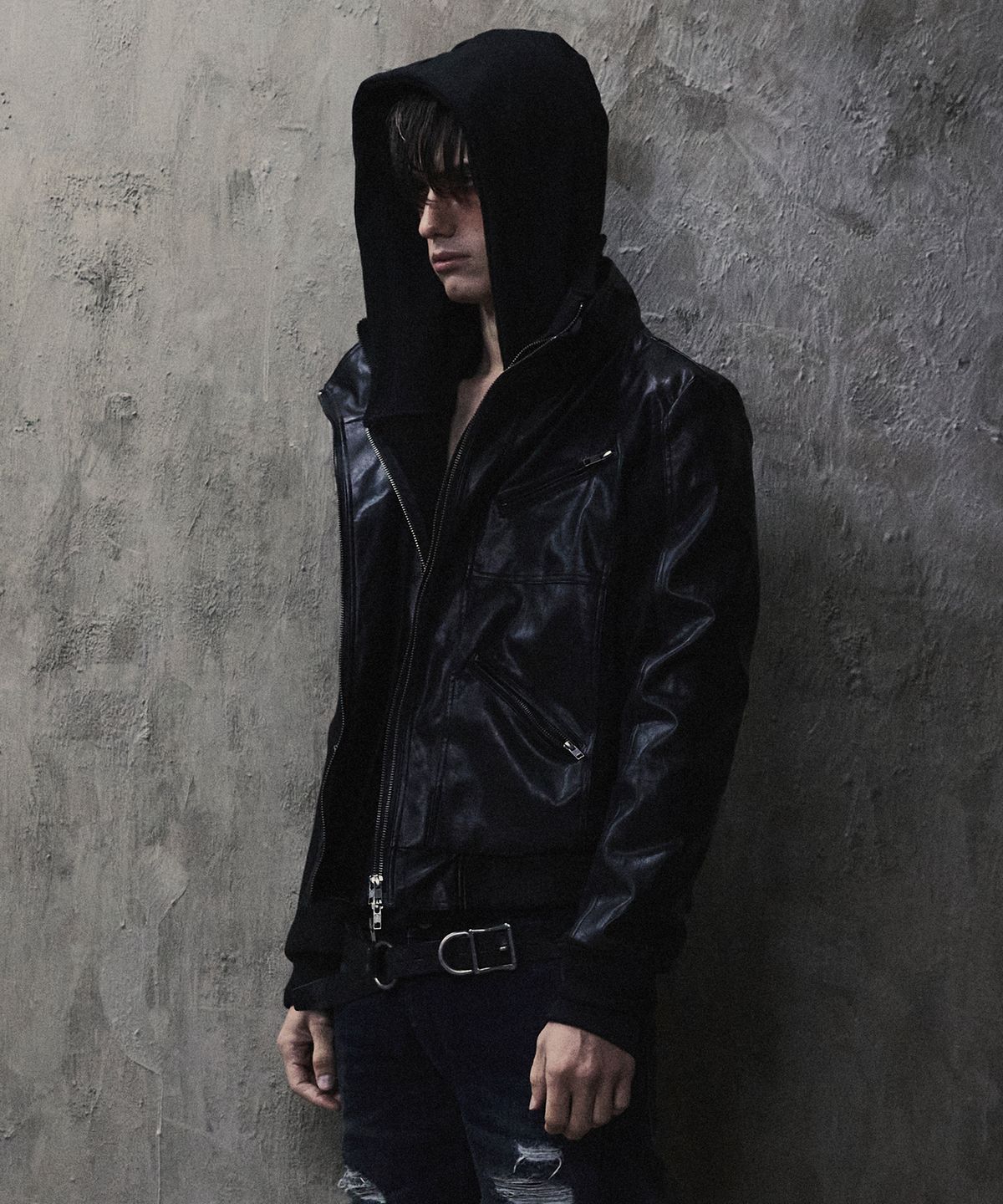 하프앤하프(HALF AND HALF) LAYERED 4-ZIPPER LEATHER HIGH-NECK ZIP-UP