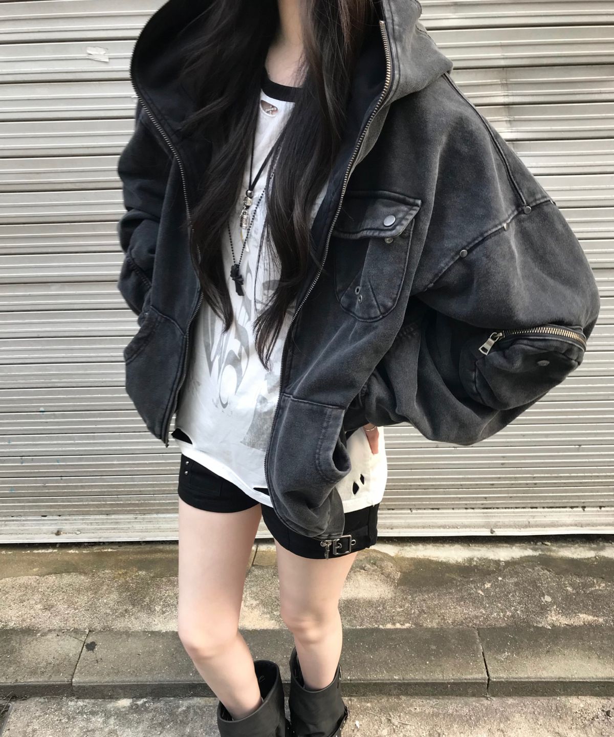 리버뉴스(LIBERALNEWS) RUCHED DISTORTED SLEEVE Zip Hoodie_GRAY