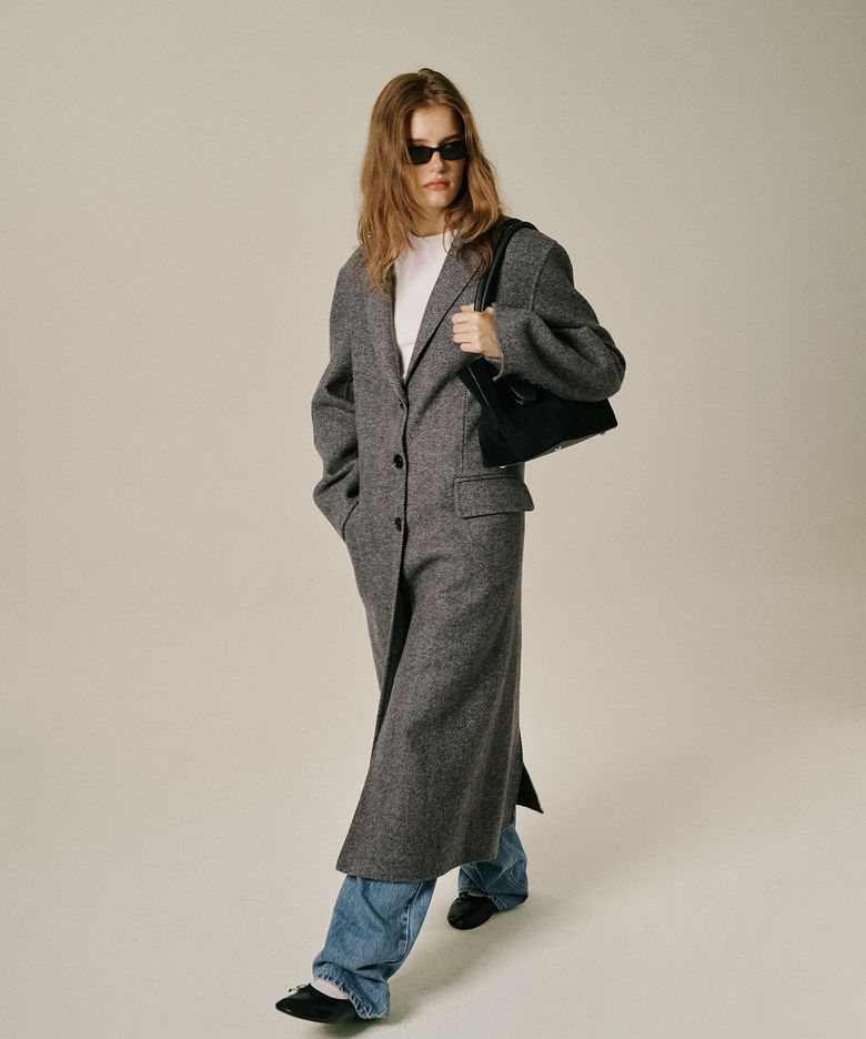 Handmade Herringbone Long Coat (Charcoal)