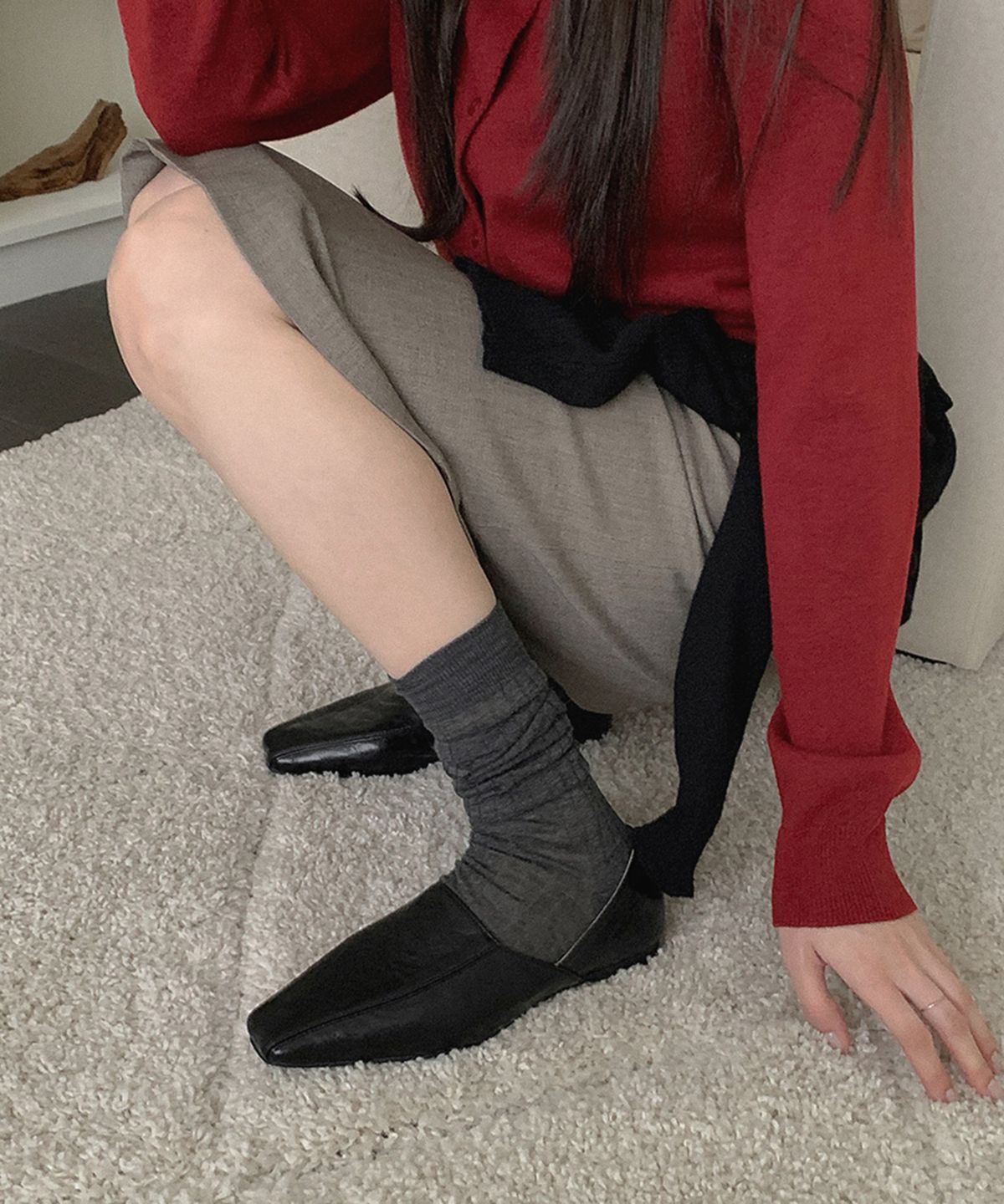 무드앤플(MOODNPLE) Devon 텍스처 스퀘어 플랫 1cm black