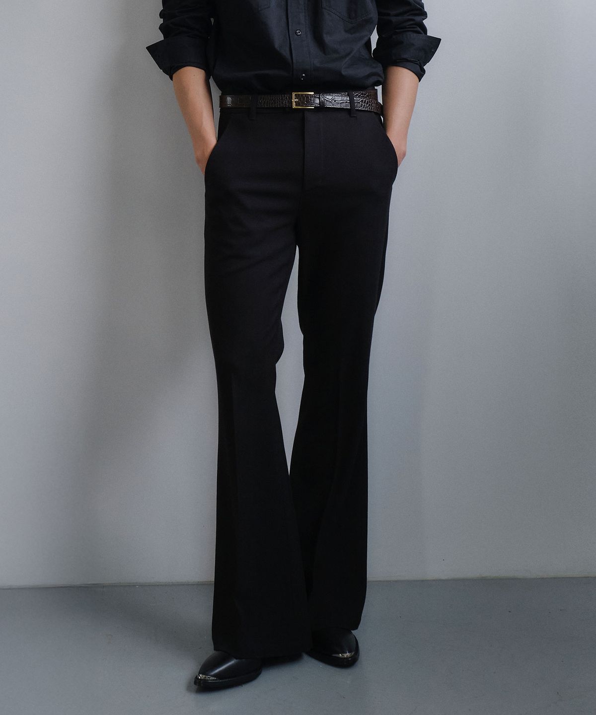 베른(VERN) LANE WOOL HERRINGBONE FLARE SLACKS (BLACK)