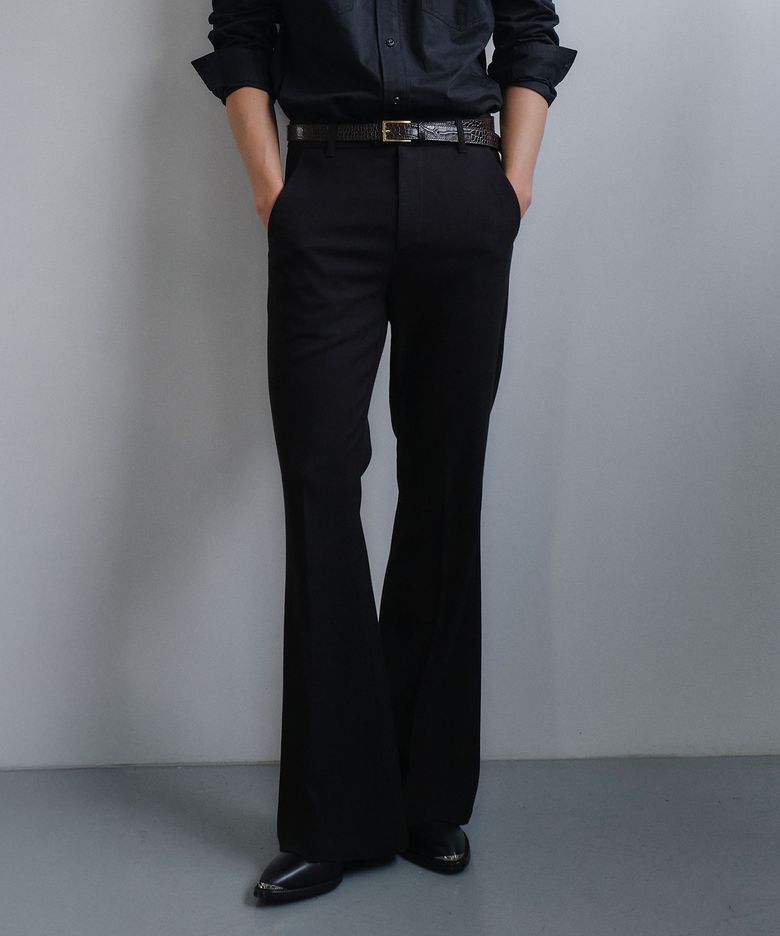 LANE WOOL HERRINGBONE FLARE SLACKS (BLACK)