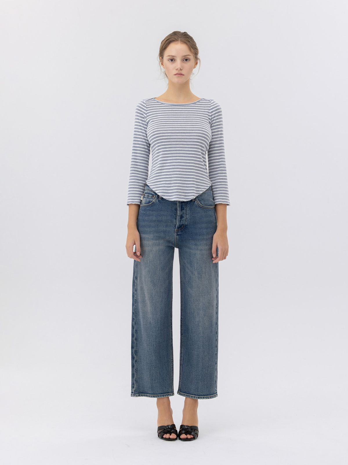 글로니(GLOWNY) 90s HIGH RISE WIDE LEG JEANS (SHORT) (OCEAN BLUE)
