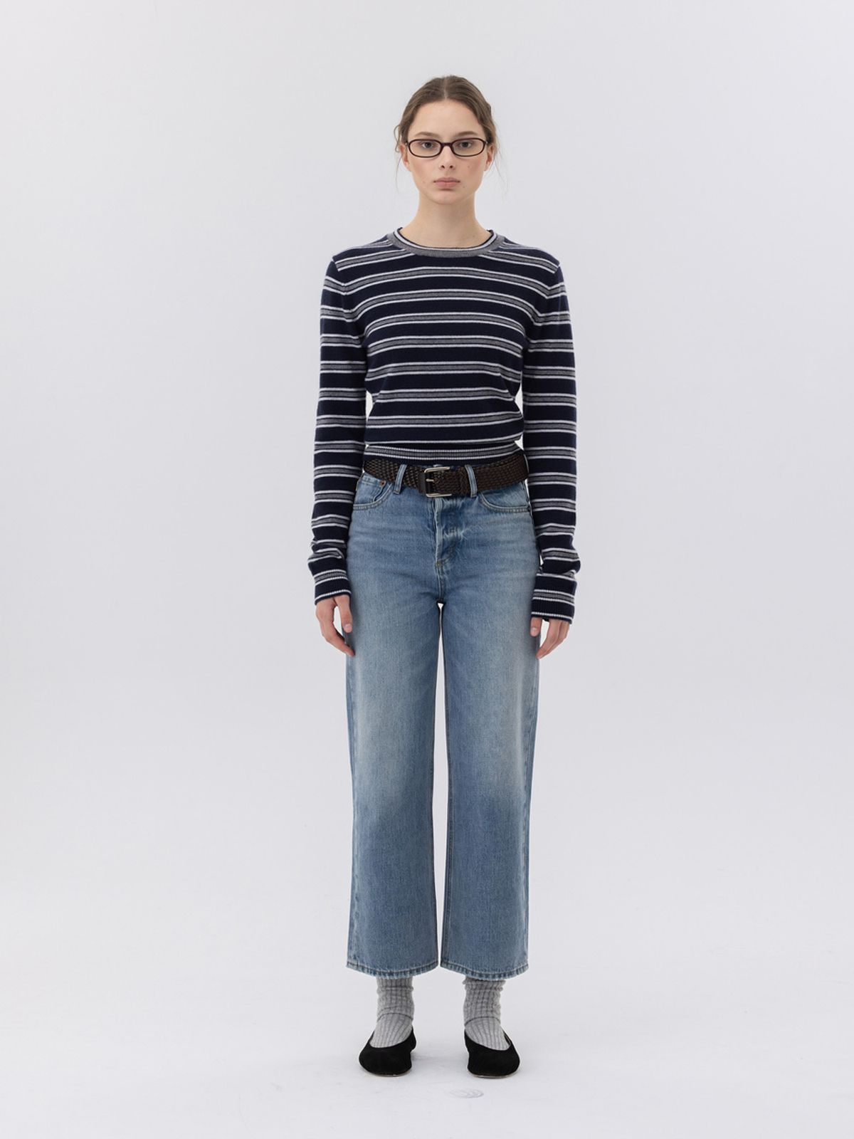 글로니(GLOWNY) 90s HIGH RISE WIDE LEG JEANS (SHORT) (MID BLUE)