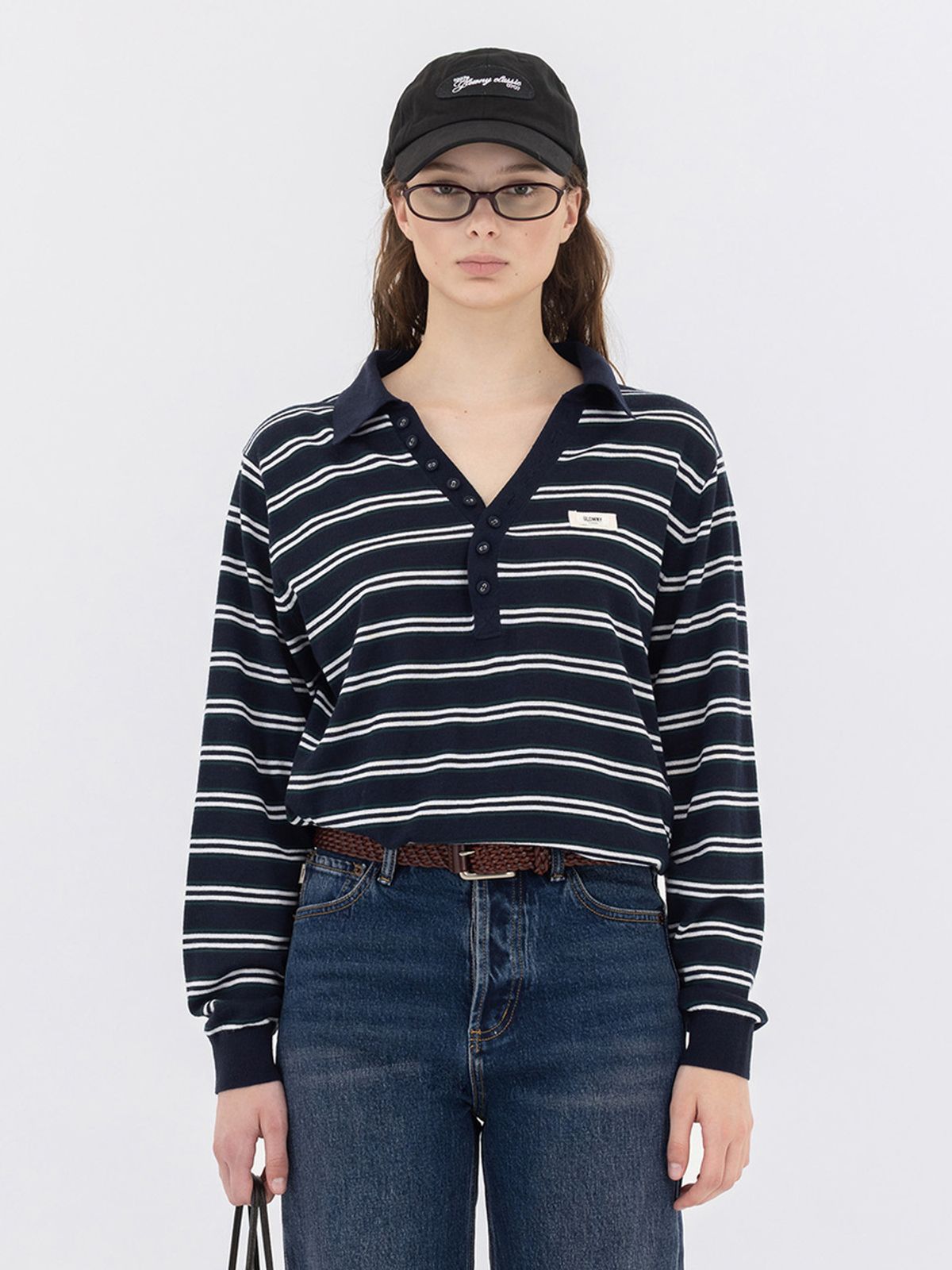 글로니(GLOWNY) G STRIPE HENLEY LOOSE FIT KNIT (NAVY)