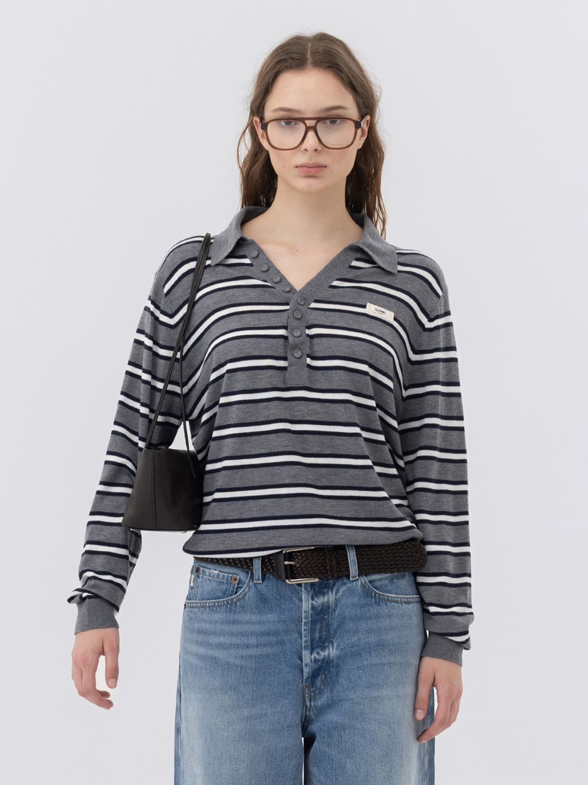 글로니(GLOWNY) G STRIPE HENLEY LOOSE FIT KNIT (GRAY)