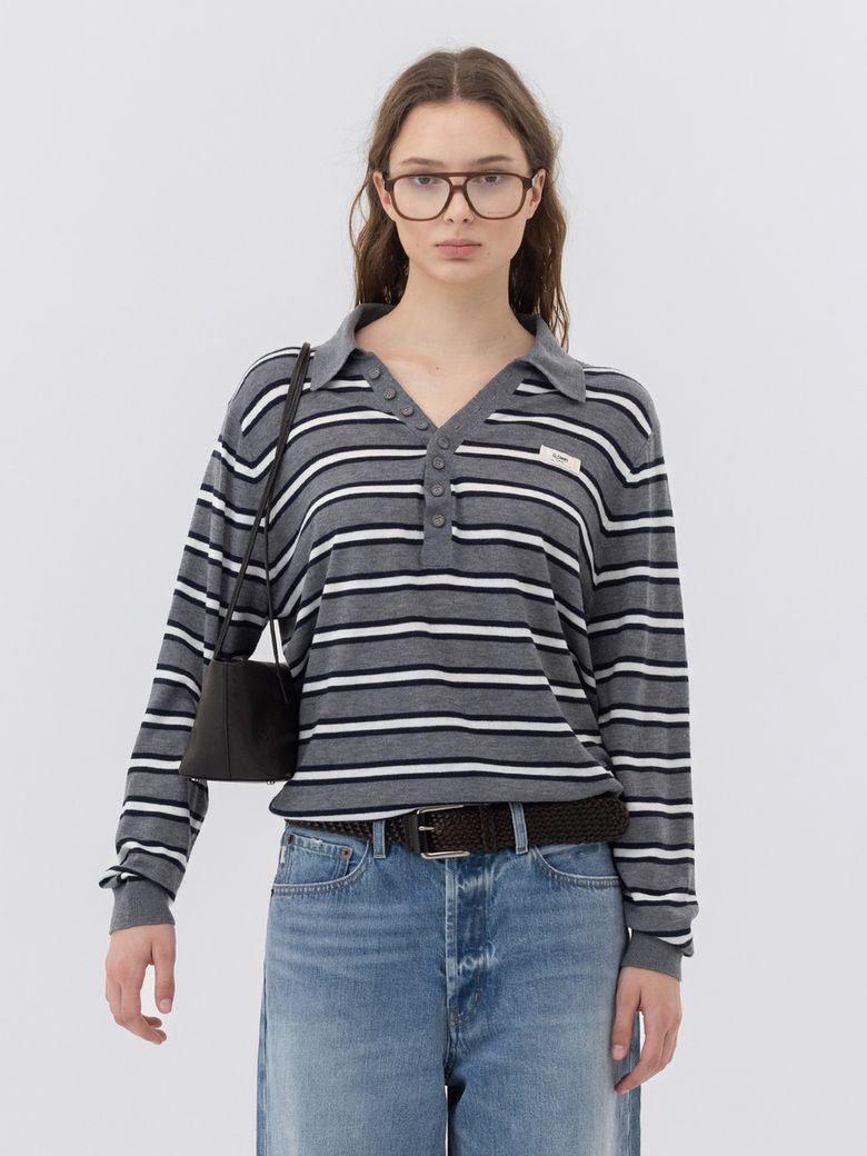G STRIPE HENLEY LOOSE FIT KNIT (GRAY)