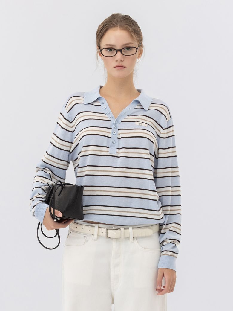 G STRIPE HENLEY LOOSE FIT KNIT (LIGHT BLUE)