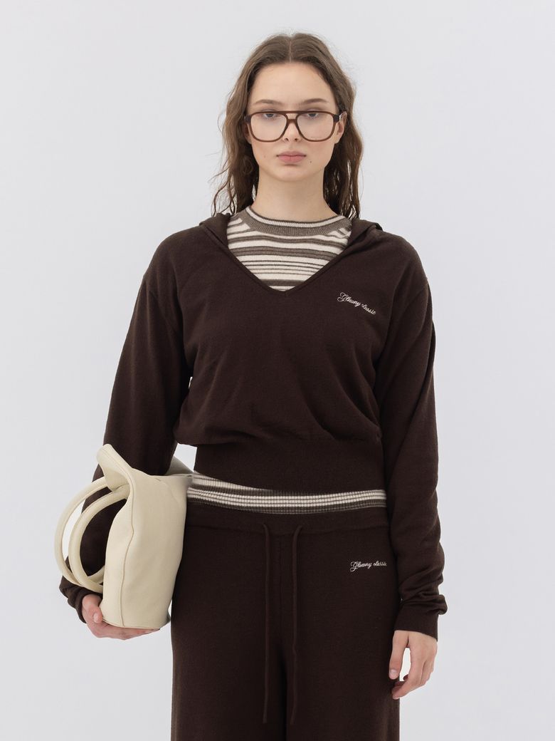 G HUG V-NECK KNIT HOODIE (KHAKI BROWN)
