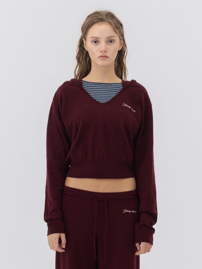 G HUG V-NECK KNIT HOODIE (WINE)