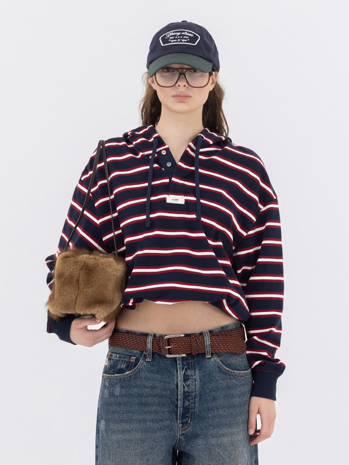 글로니(GLOWNY) HERITAGE STRIPE BUTTON HOODIE (NAVY)