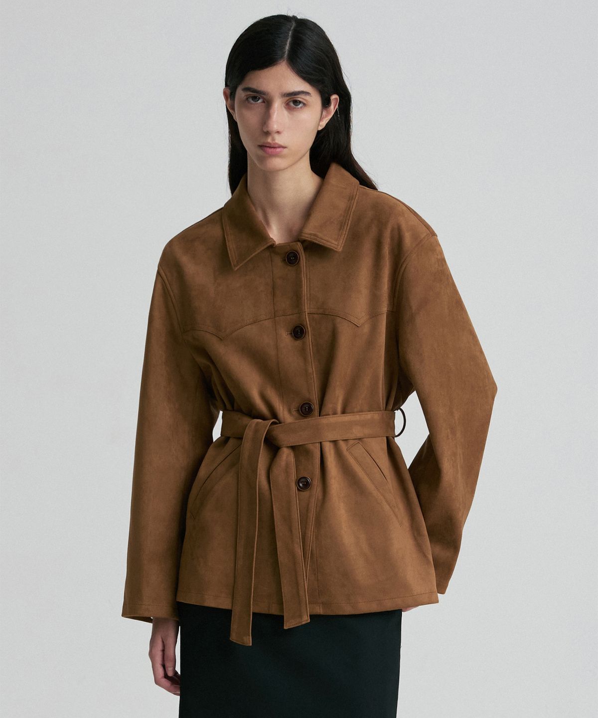 리이(RE RHEE) BELTED OVERSIZED SUEDE SHIRT JACKET