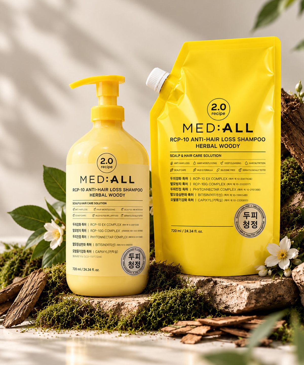메디올(MEDIALL) RCP-10 안티헤어로스 샴푸 우디향 본품 + 리필팩 구성 720ml + 720ml