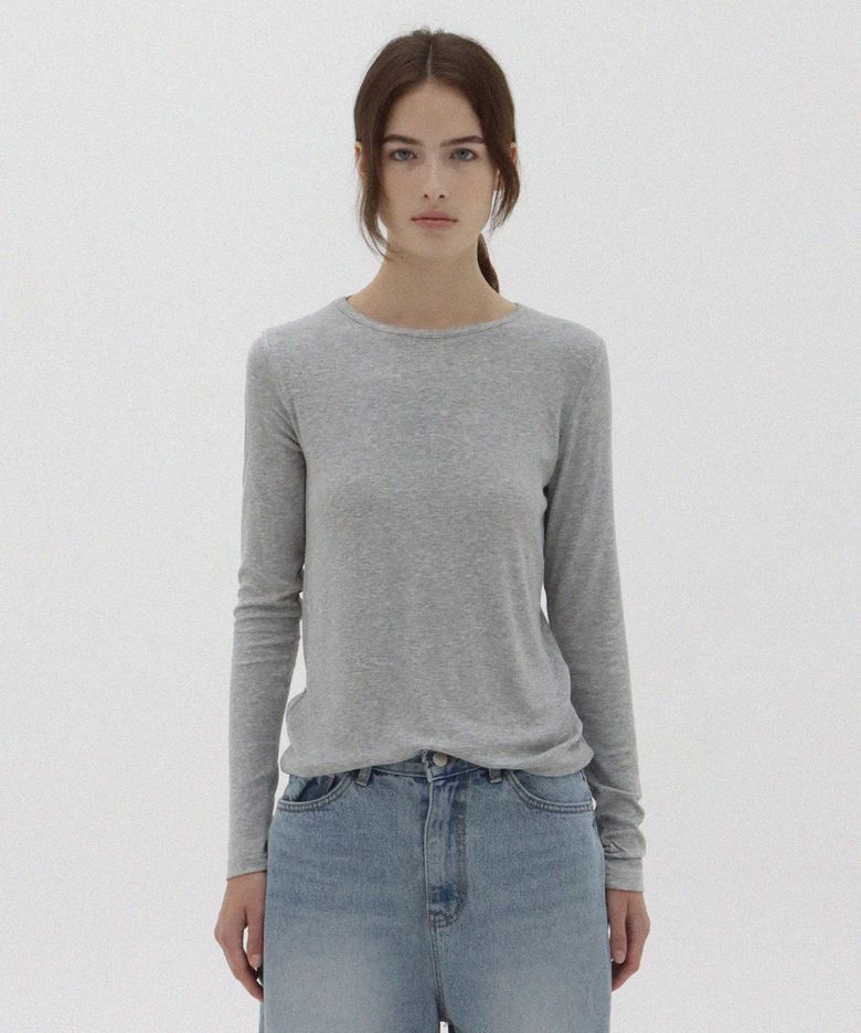 Wide Neck Rib T-Shirt_Melange Gray