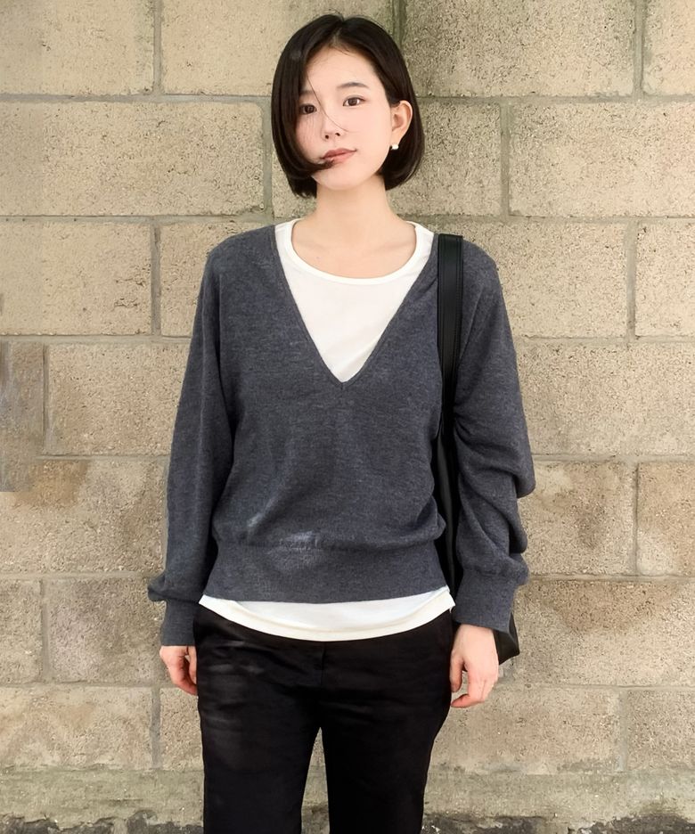 SIKN2202 소프트 울 딥 브이넥 니트_Charcoal