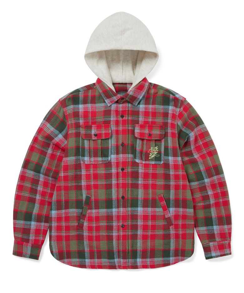 GD Lightning Bear Hooded Plaid Shirt Red