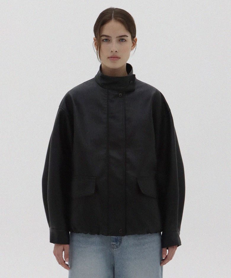 High Neck Short Leather Jacket_Black
