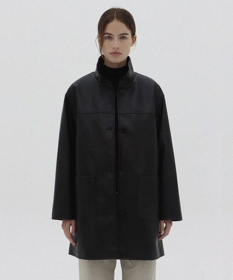 High Neck Half Leather Jacket_Black