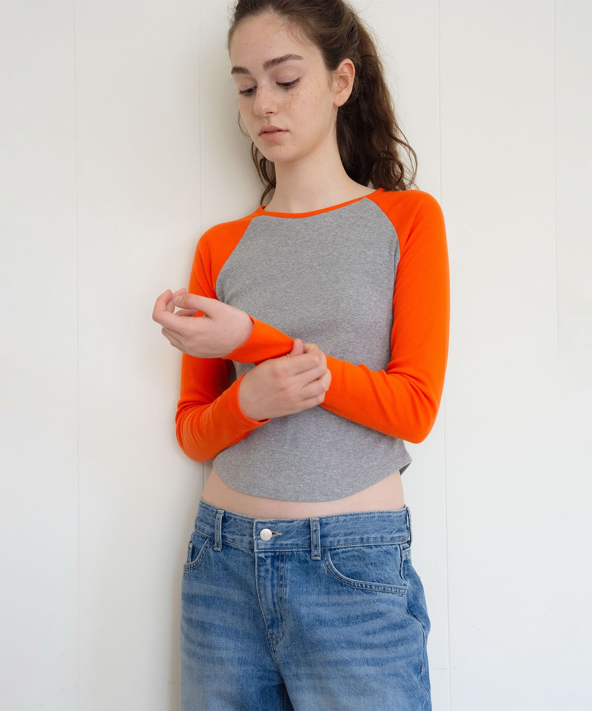 헤더먼트(HETHERMENT) fitted raglan t-shirt (melange - carrot)