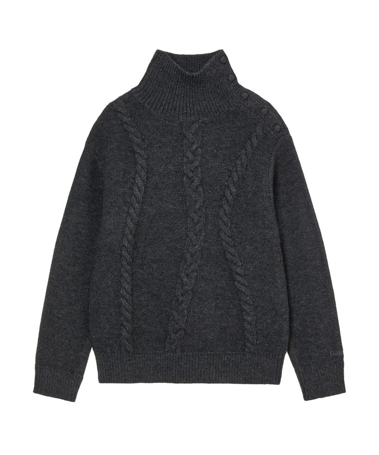 BUTTON HIGH-NECK TWIST KNIT IN CHARCOAL
