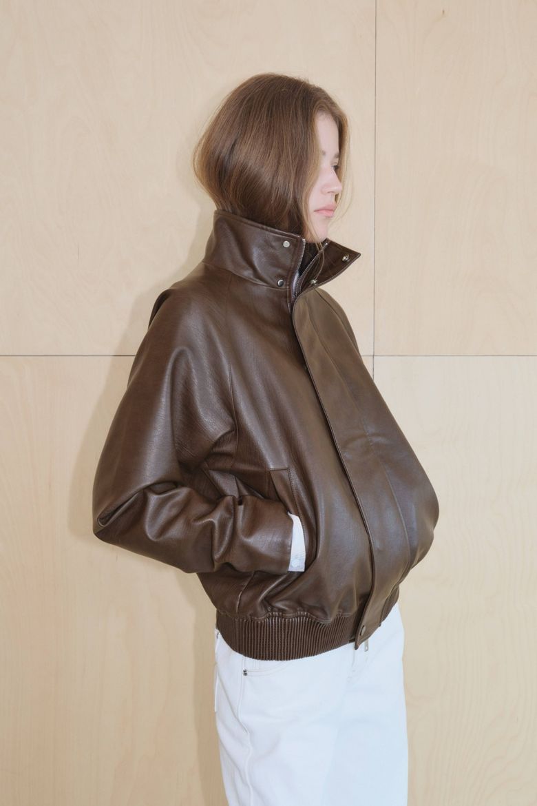 Faux Leather Highneck Blouson, Brown
