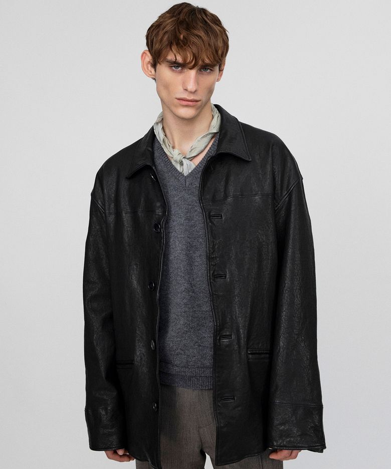 VINTAGE WASHED LAMBSKIN WORK JACKET (BLACK)