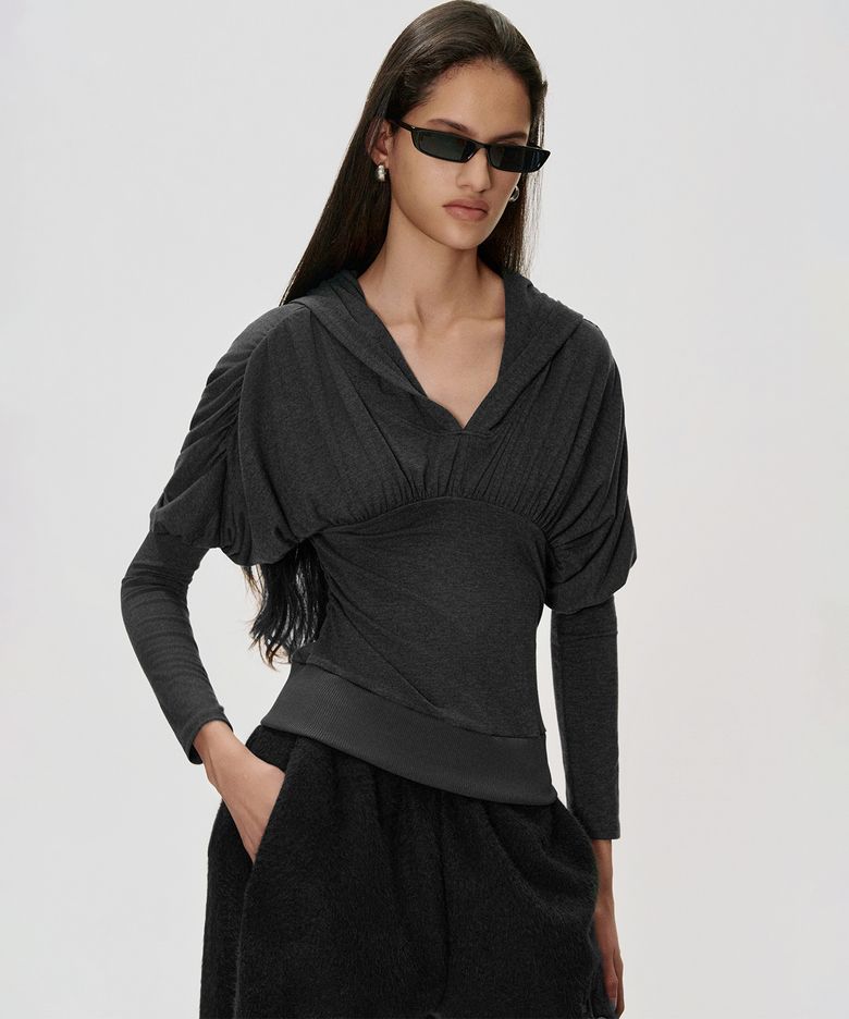 Draped Volume Hooded T-shirt_CHARCOAL