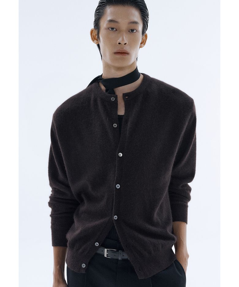 Raccoon Round Neck Knit Cardigan - Brown