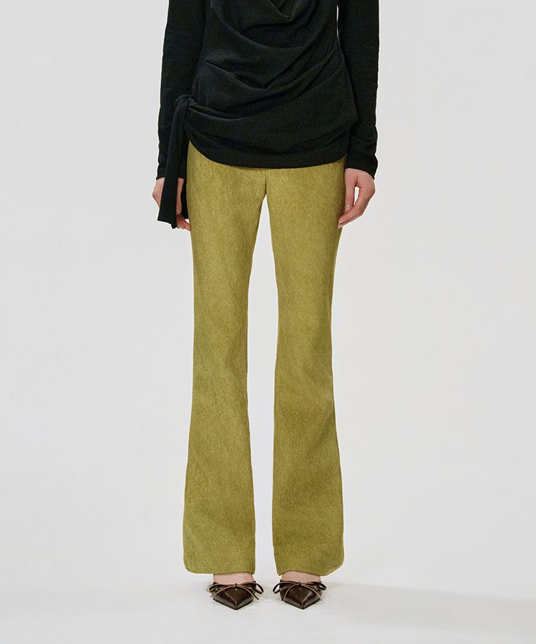 Suede-Texture Bootcut Pants_OLIVE GREEN
