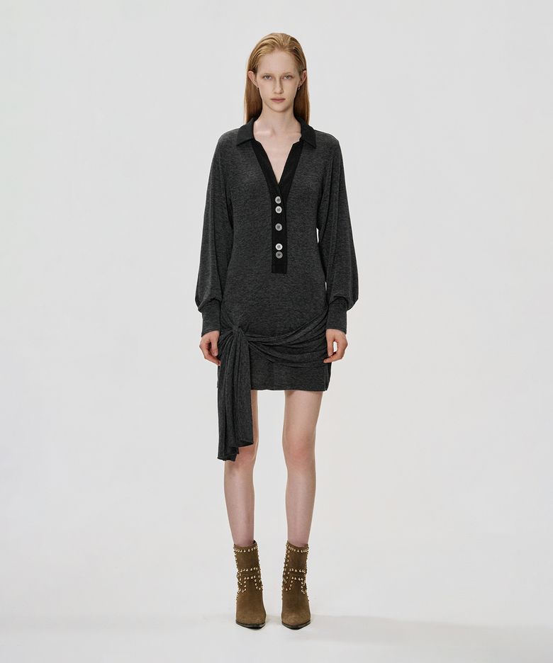 Deep V Wrap Jersey Dress_CHARCOAL