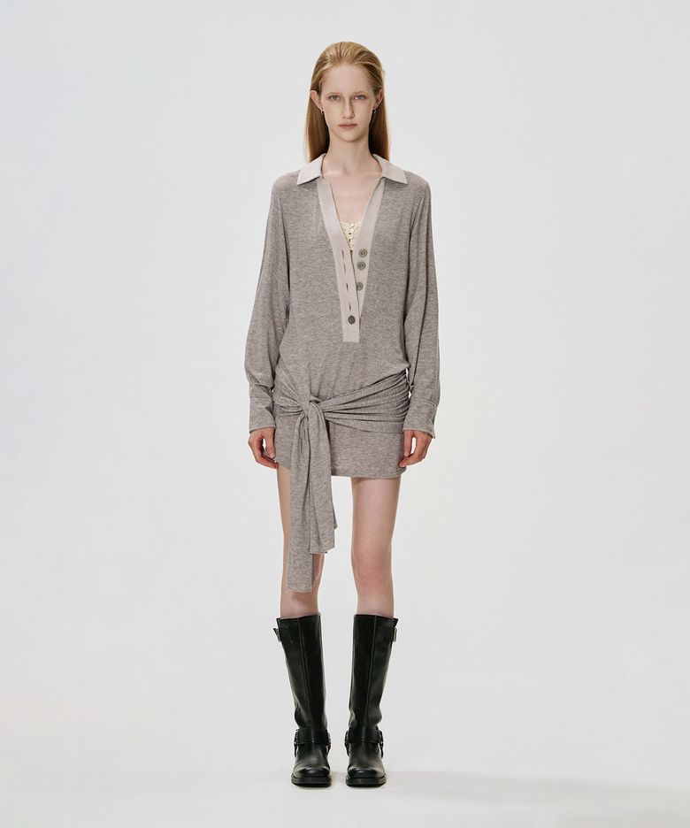Deep V Wrap Jersey Dress_BEIGE