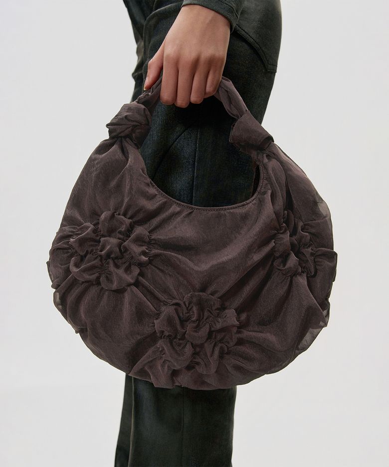 Floral Motif Smocked Mini Bag_BROWN