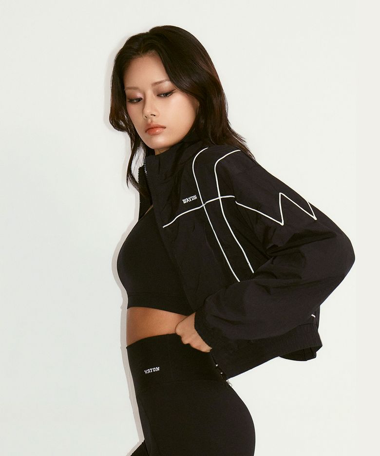 크롭 파이핑 윈드 브레이커 블랙
