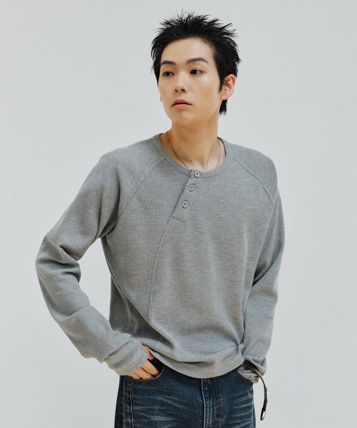 빅유니온(BIG UNION) 와플 사이드 헨리넥 롱슬리브(그레이)