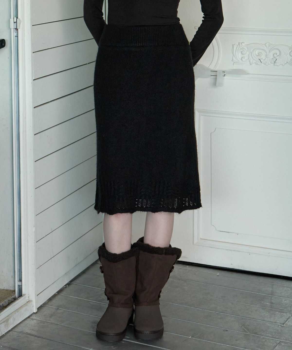 리엘(RE L) Shimmery knit skirt (black)