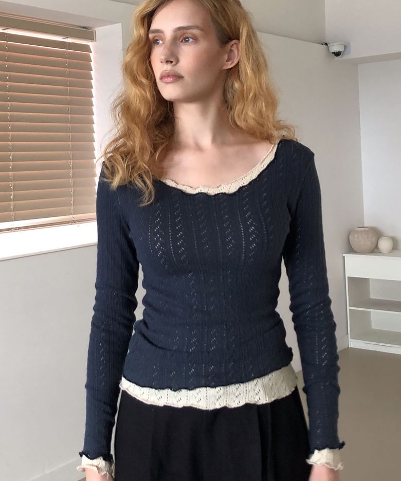 Pitapat punching lace T-shirt (navy)