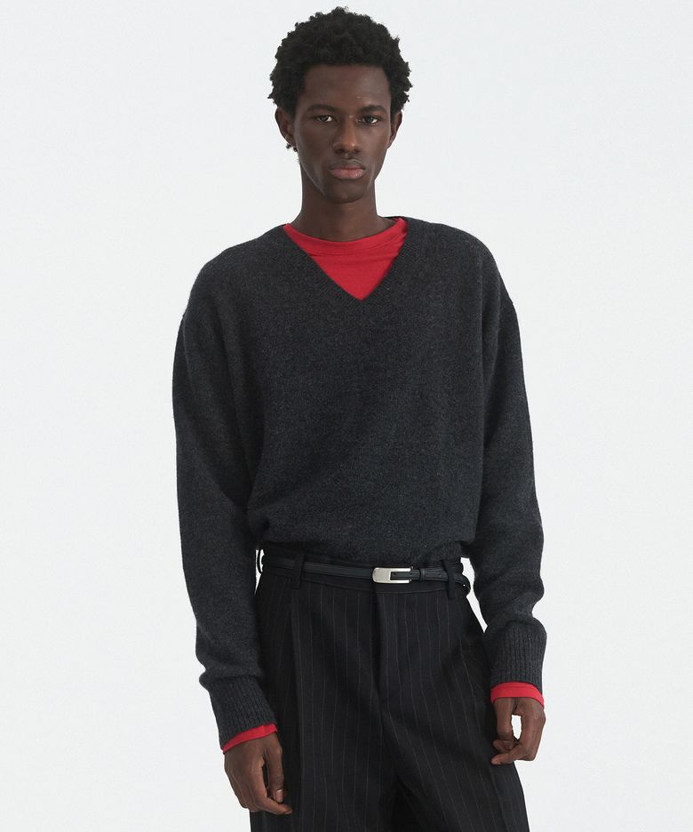 CONTOUR RIB WOOL V NECK SWEATER - CHARCOAL