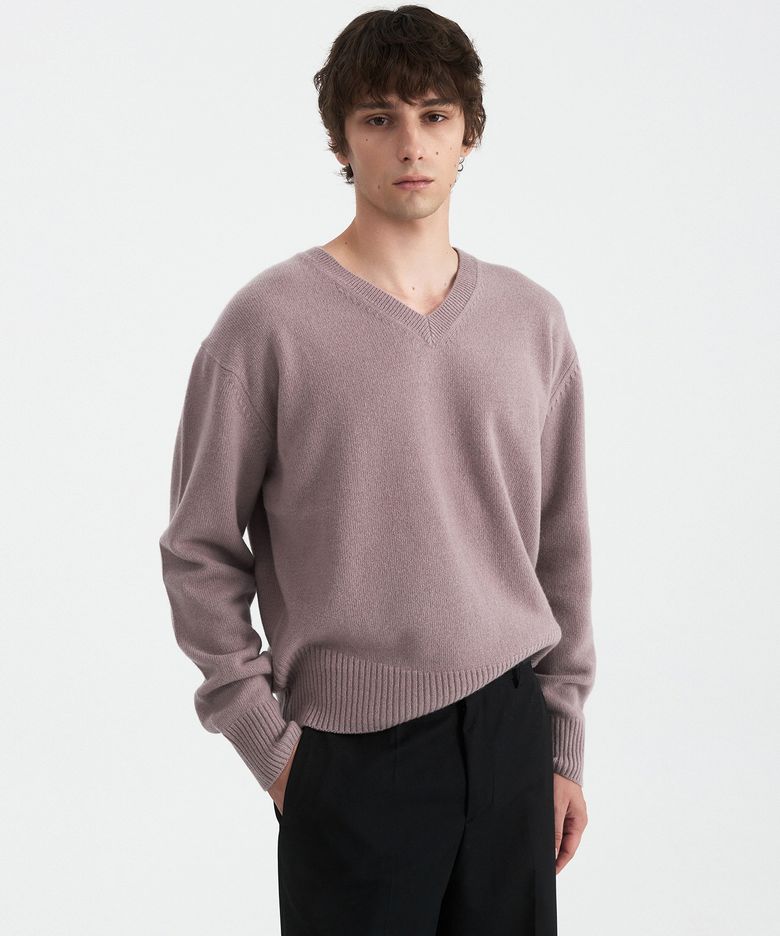 CONTOUR RIB WOOL V NECK SWEATER - MUTED LAVENDER