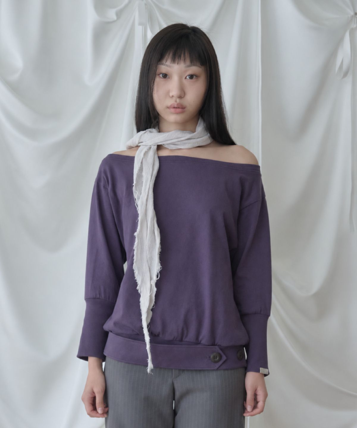 피브스피브스(PEEVES PEEVES) Wide Neck Draped Top / Purple