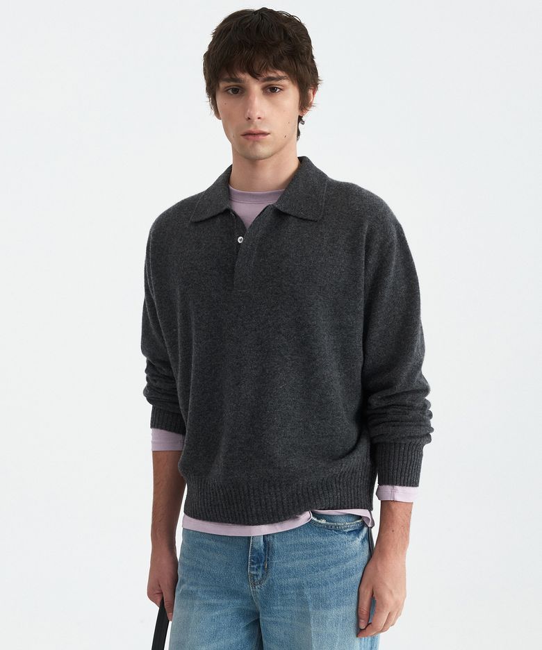 MERINO WOOL HIDDEN POLO SWEATER - DARK GREY