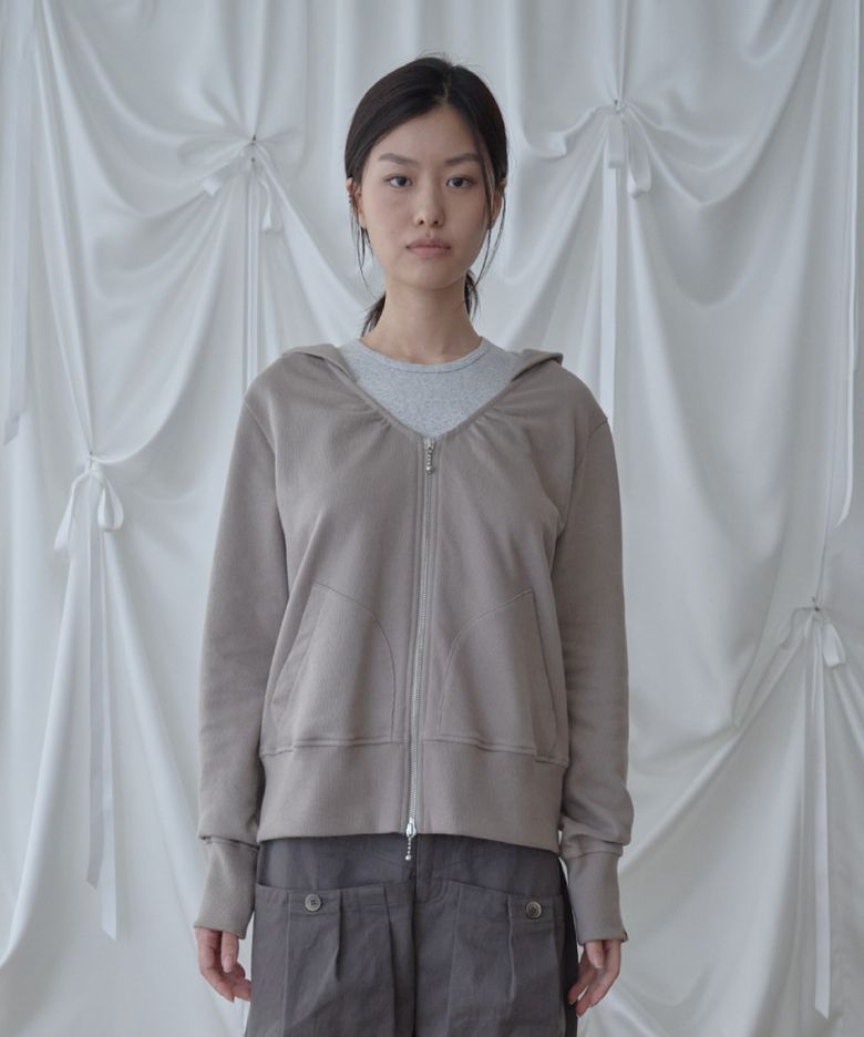 V-Neck Hooded Zip-Up Cardigan / Beige