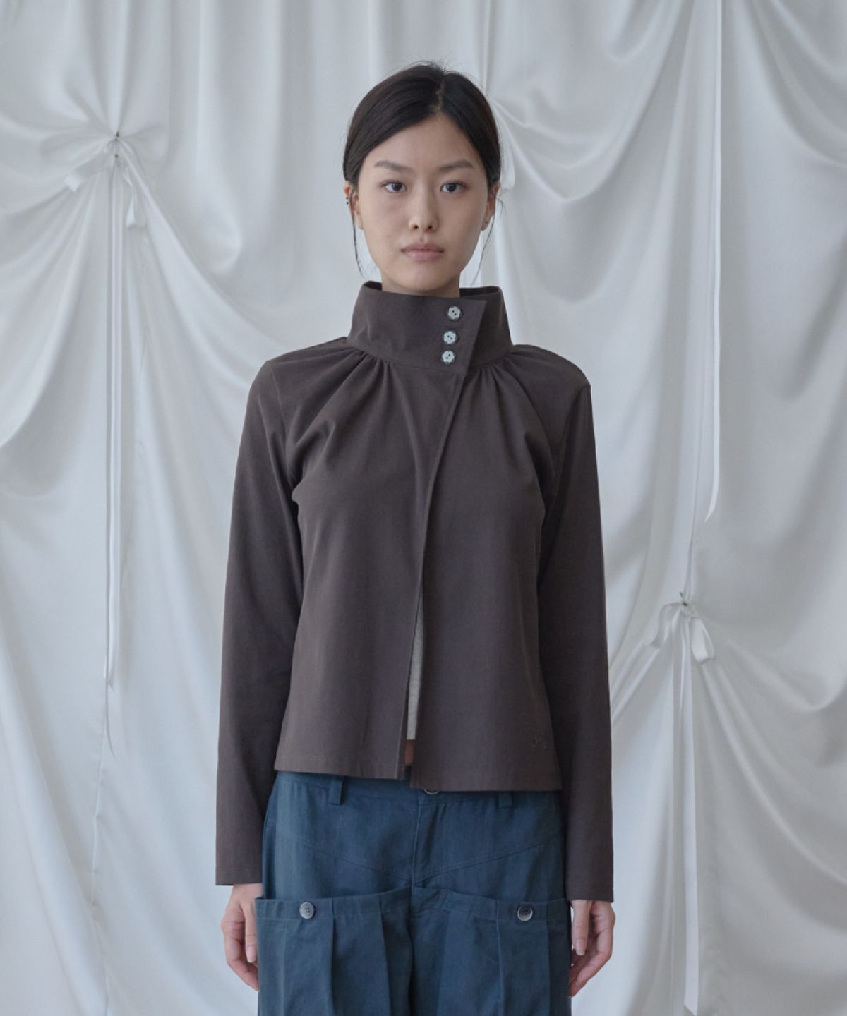 피브스피브스(PEEVES PEEVES) Open Collar Gathered Cardigan / Brown