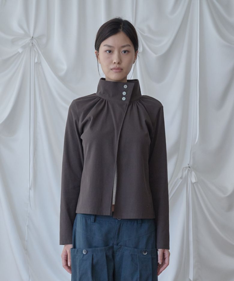 Open Collar Gathered Cardigan / Brown
